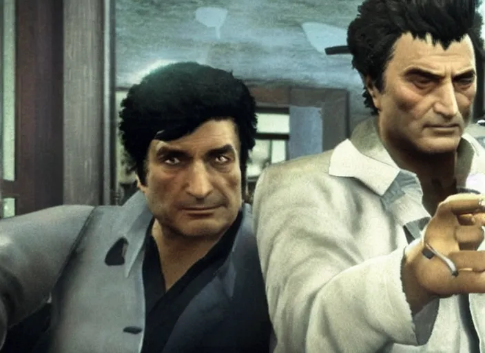 Image similar to video game still of police detective columbo ( played by young peter falk ) in his messy trenchcoat, smoking a cigar while rubbing his head in the video game yakuza zero