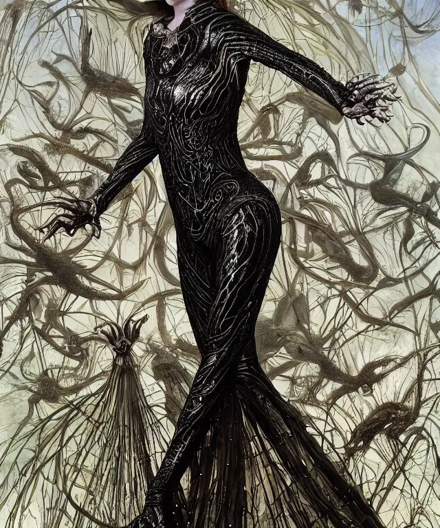 Prompt: a portrait photograph of a masked sadie sink as a strong alien harpy queen with amphibian skin. she is dressed in a black lace shiny metal slimy organic membrane catsuit and transforming into a insectoid snake bird. by donato giancola, walton ford, ernst haeckel, peter mohrbacher, hr giger. 8 k, cgsociety, fashion editorial