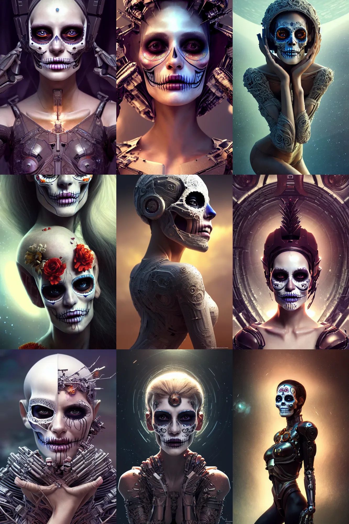 Prompt: crying! android! woman, octane render, fantasy, concept art, pose, photorealistic, cover shot, interstellar, intricate detailed environment. vogue, ( ( ( el dia los muertos ) ) ), 8 k, hd. by terry o'neill and artgerm and wlop and loish and rutkowski and mucha