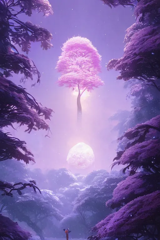 Image similar to giant tree in snow with purple flowers on surface of the moon, unreal engine, fantasy art by greg rutkowski, loish, rhads, ferdinand knab, makoto shinkai and lois van baarle, ilya kuvshinov, rossdraws, tom bagshaw, global illumination, radiant light, detailed and intricate environment