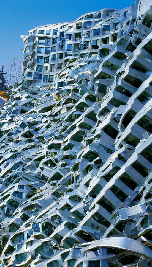 Image similar to color pentax photograph of a pristine frank gehry seawall. wide angle. very epic!