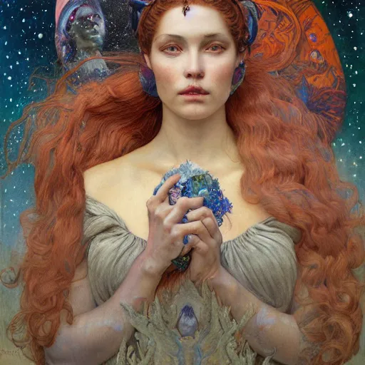 Image similar to queen of the moon with stars in her hair, by annie swynnerton and tino rodriguez and nicholas roerich and jean delville and donato giancola and tom bagshaw and evelyn demorgan and diego rivera, dramatic lighting, floral tattoos, rich colors, smooth sharp focus, extremely detailed, adolf wolfli