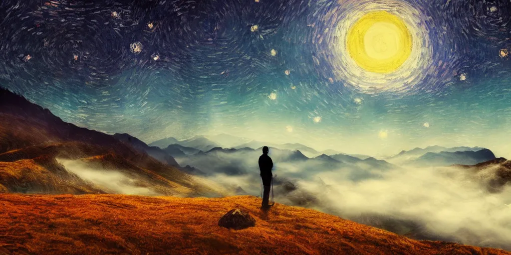 Image similar to landscape, mountain ranges, sky, style of Van Gogh starry night, atmospheric, cinematic, photographic, photoreal, artstation, digital art, small man center standing on mountain, valley mist, fog, hazy, glow