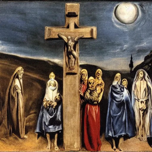 Image similar to A Holy Week procession of four souls in a Spanish landscape at night. A figure at the front holds a cross. El Greco, Remedios Varo, Salvador Dali, Carl Gustav Carus, John Atkinson Grimshaw. Blue tint.