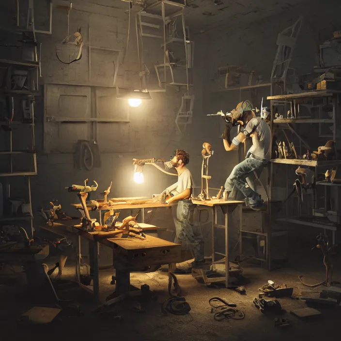 Image similar to gritty crew of workers building mouse head in small workshop, octane render, 4 k ultra hd, hyper - detailed, realistic, sharp focus, in style of beeple