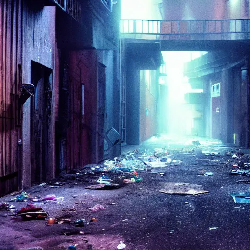 Image similar to a cinematic frame of a dead end alleyway in a futuristic dystopian city, night time, littered with garbage, cold blue lighting, shot by roger deakins, brutalist architecture, damp, cityscape, vanishing point perspective, roger deakins, cinematography, chris nolan movie