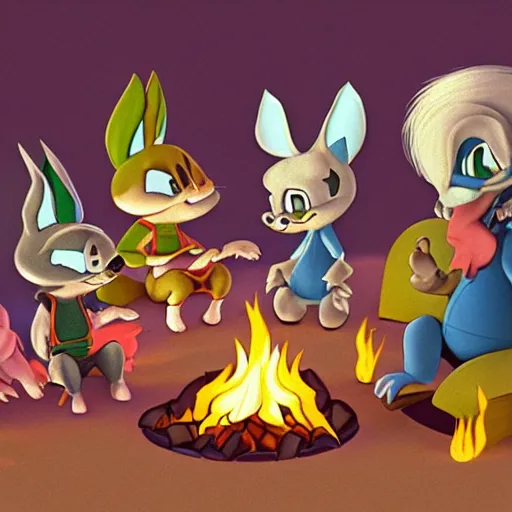 Prompt: full body portrait of (Esmerelda Tiny Toons (1990)) sitting around a campfire telling stories with her friends, in style Goro Fujita, 3D, UE5, ultra high textures, dark vignette, burning embers, nostalgic, muted colors, desaturated, volumetric, slightly drunk, candy rush, autochrome, tranquil, starry night, marshmallows, s'mores, 4K, 8K, HQ