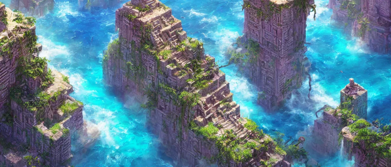 Prompt: dystopian mayan ruins on a colorful ocean, unreal engine, fantasy art by greg, loish, rhads, ferdinand knab, makoto shinkai, lois van baarle, ilya kuvshinov, rossdraws, tom bagshaw, global illumination, radiant light, highly detailed and intricate environment, isometric, trending onstudio ghibli, octane render, 8 k