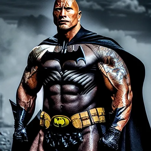 Image similar to dwayne johnson as batman, full body shot, highly - detailed, sharp focus, award - winning