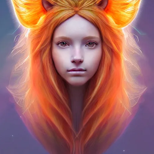 Prompt: Portrait of a girl angel with pale orange colored frizzy strands of illuminated hair, cat ears on her head, glowing halo, Lion's Mane, Cosmic, Lion's Gate, 8/8, fantasy, intricate, elegant, highly detailed, digital painting, artstation, concept art, smooth, sharp focus, illustration, art by Krenz Cushart and Artem Demura and alphonse mucha