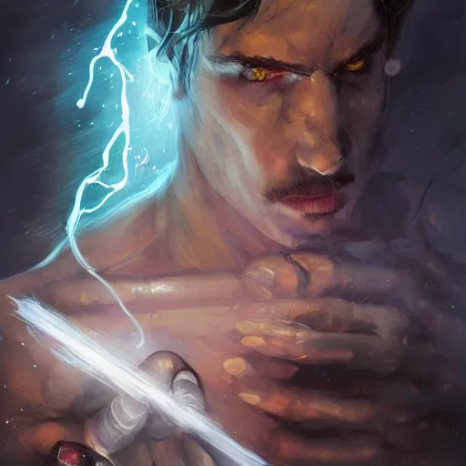 Image similar to 'a professional painting of a handsome young necromancer wizard casting an evil spell with a glowing spellbook, olive skin, buzzed short dark hair, beautiful bone structure, symmetrical facial features, intricate, elegant, digital painting, concept art, smooth, sharp focus, illustration, from Metal Gear, by Ruan Jia and Mandy Jurgens and Artgerm and William-Adolphe Bouguereau'