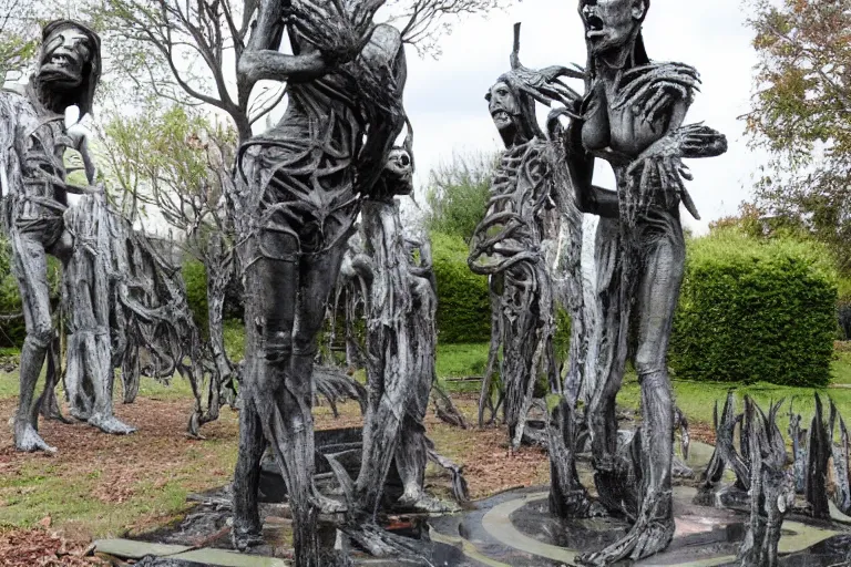 Image similar to a horrific sculpture garden designed by hr giger