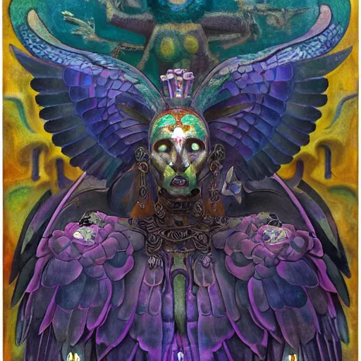 Image similar to the raven god-king, by Annie Swynnerton and Nicholas Roerich and Diego Rivera, bioluminescent skin, tattoos, wings made out of flowers, elaborate costume, geometric ornament, symbolist, cool colors like blue and green and violet, smooth, sharp focus, extremely detailed