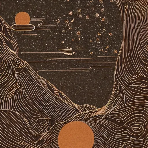 Prompt: “the meaning of life, woodblock, black fine lines on warm brown, by victo ngai, by stanley donwoood”