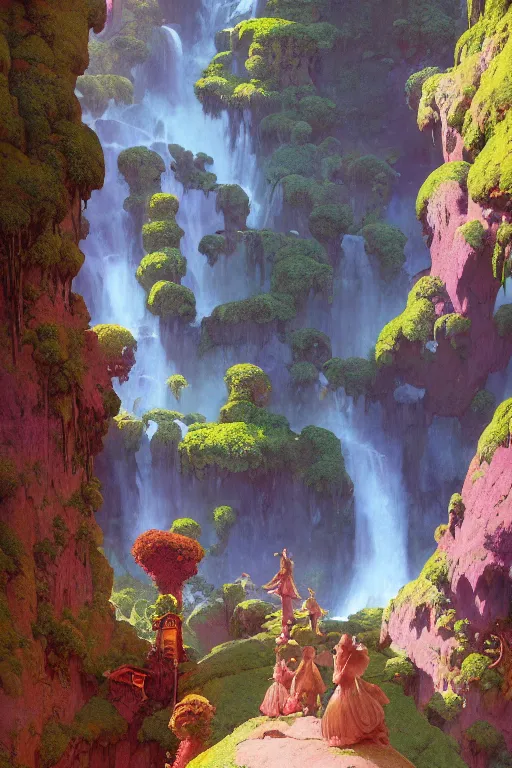 Image similar to a beautiful digital painting of an a fairy village built on an enormous waterfall by maxfield parrish, greg rutkowski, rossdraws, james jean, gerald brom, andrei riabovitchev, marc simonetti, and sakimichan, trending on artstation