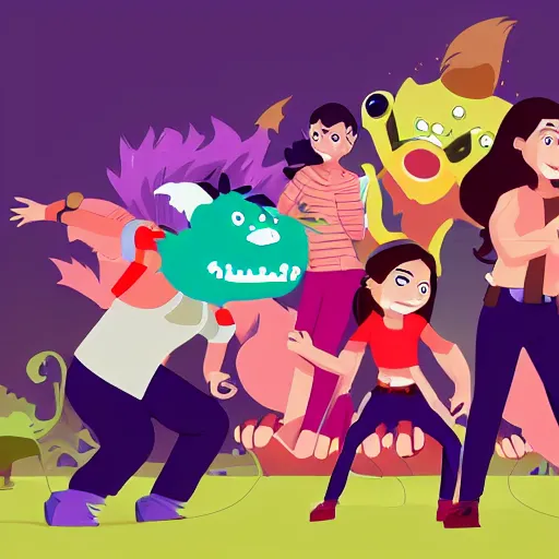 Prompt: a group of girls fighting with monster,2d,animation