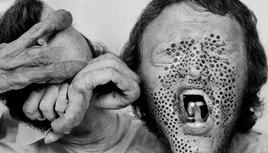 Prompt: 70s movie still of a man yelling with trypophobia flesh in hospital, eastmancolor, heavy grain, high quality, higly detailed, liminal space