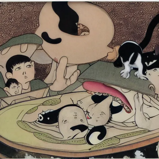 Image similar to an art piece of people getting eaten by a giant cat tsuguharu foujita