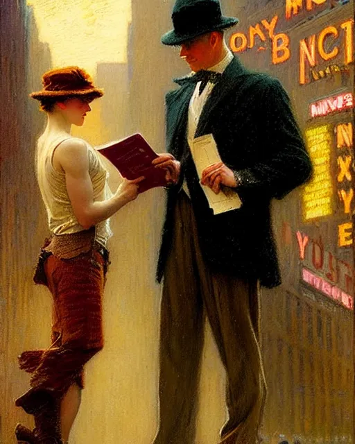 Image similar to attractive man handing out flyers to a broadway show, 1 9 2 0 s new york city, broadway, melancholy, nostalgia, painting by gaston bussiere, craig mullins, j. c. leyendecker