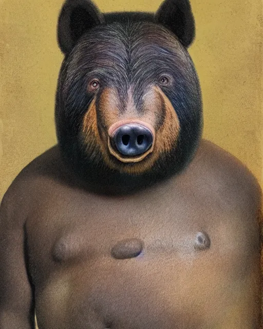 Prompt: a portrait of a man who is half bear and half pig