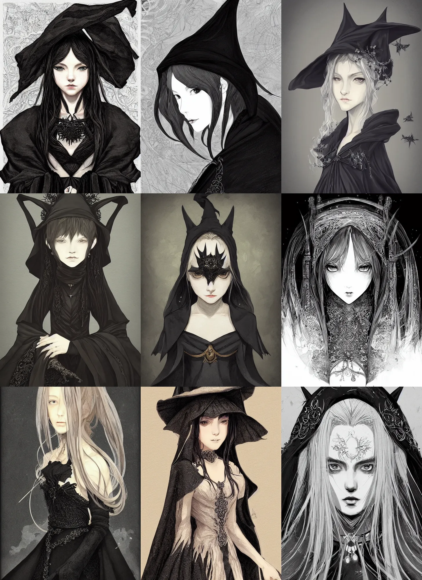 Prompt: “ portrait of a young witch in black robes, intricate, elegant, highly detailed, digital painting, artstation, concept art, sharp focus, illustration, art by akihiko yoshida in the bravely default style ”