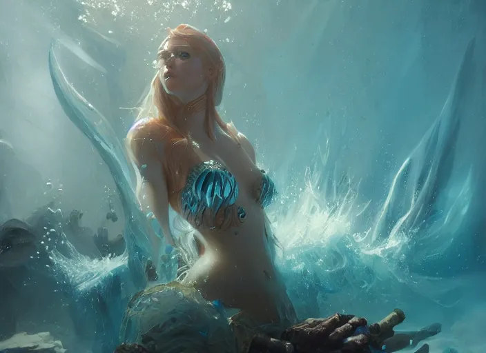 Prompt: queen's collector, painting of a triton sorceress by greg rutkowski and raymond swanland, highly detailed, sunbeams underwater, trending on artstation, trending on artstation, ultra realistic digital art, masterpiece