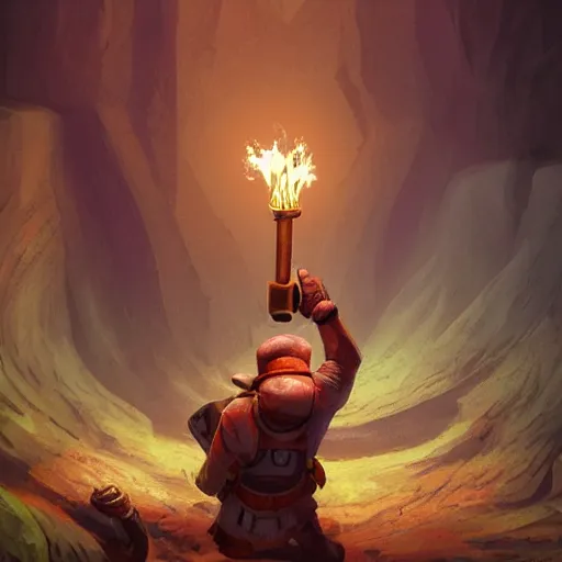 Image similar to deep underground, an explorer holding up a torch finds a cursed gem. , concept art, trending on artstation 3D.