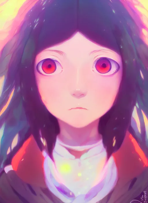 Image similar to portrait of cute girl with huge very adorable anime eyes, very psychedelic planetary anime scenery illustration concept art anime key visual trending pixiv fanbox by wlop and greg rutkowski and makoto shinkai and studio ghibli and kyoto animation