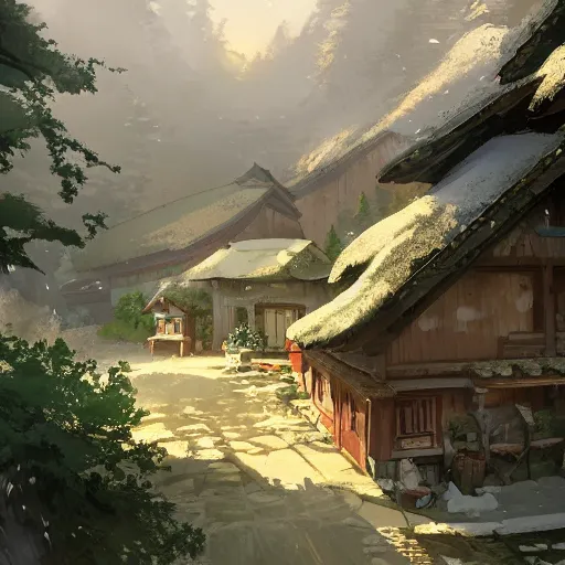 Prompt: concept art painting of a cozy village in a mountainous forested valley, historic european and japanese architecture, realistic, detailed, cel shaded, in the style of makoto shinkai and greg rutkowski and james gurney