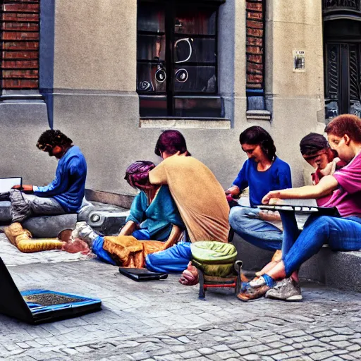 Image similar to a group of realistic bums using laptops near on street, highly detailed, intricate, sharp focus, digital art, 8 k