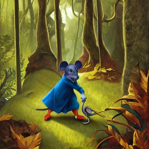 Image similar to an adventurous anthropomorphic mouse wearing medieval clothing walking through a lush forest, Alex Ross