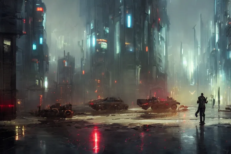 Image similar to The steampunk detective wearing a red tie is walking through a futuristic city locked down under military martial law, lightning in the distance, armed soldiers patrol the streets, cyberpunk theme, telephoto lens, low shot camera angle, hyperdetailed artstation, concept art, sci-fi illustration, digital art, by Greg Rutkowski, by Stephan Martiniere