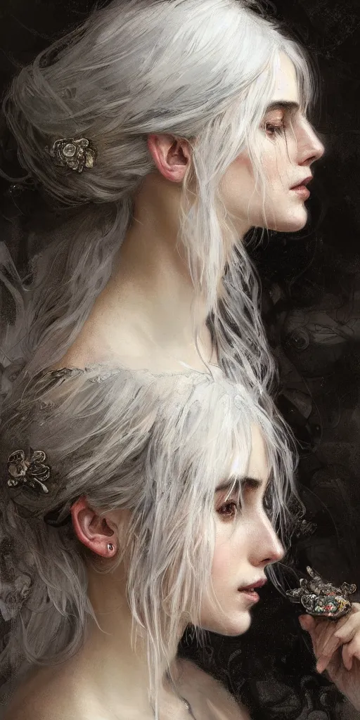 Image similar to a highly detailed beautiful white haired woman, ana de armas, adorned with precious stones, intricate line drawings by jeremy mann and alphonse mucha, 8 k resolution, trending on artstation, very very detailed, masterpiece, stunning,