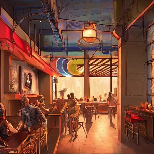 Prompt: an intricate concept art illustration of a coffee shop,, cinematic light, colorful, by ivan talavera and artgerm