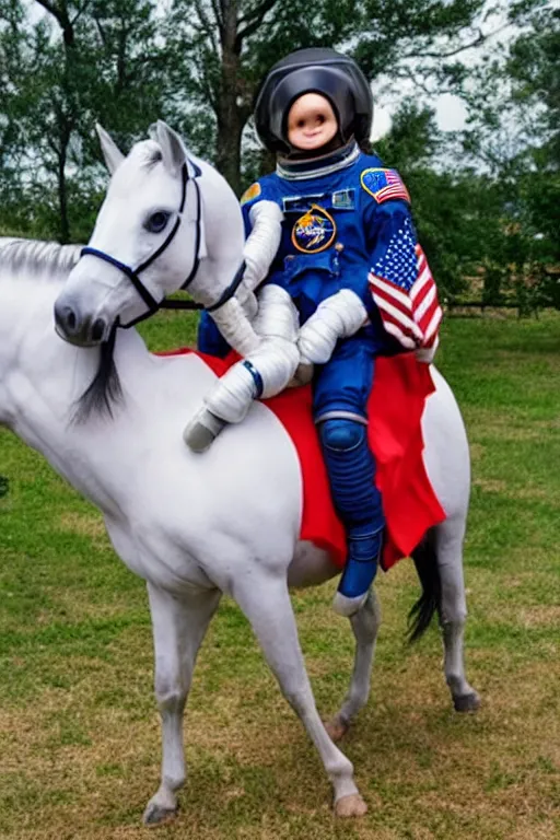 Prompt: a child in a horse mask sits on the shoulders of an astronaut