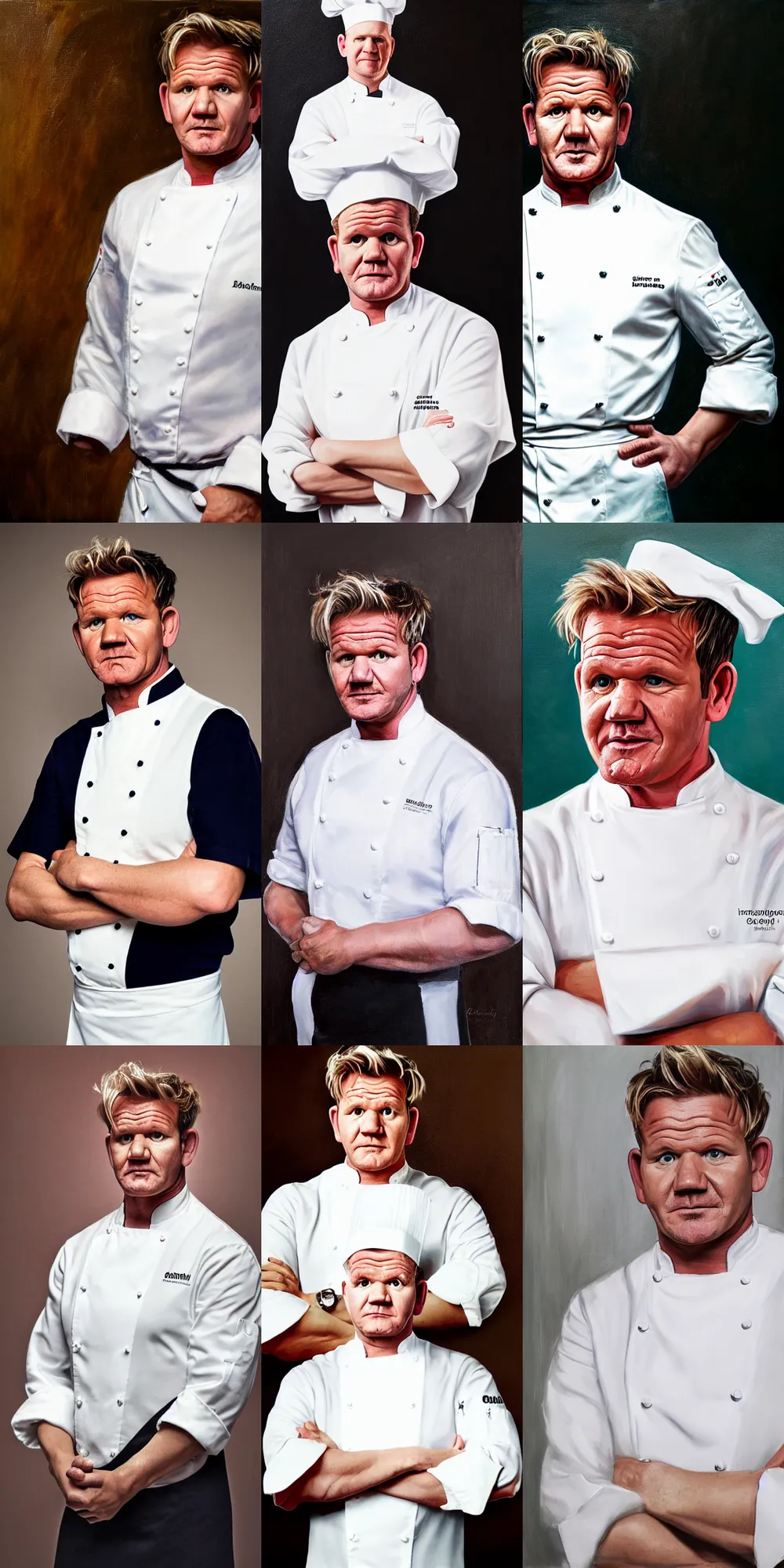 Prompt: A portrait (medium full shot) of Gordon Ramsay wearing a chef uniform (white), oil on canvas, classicism style