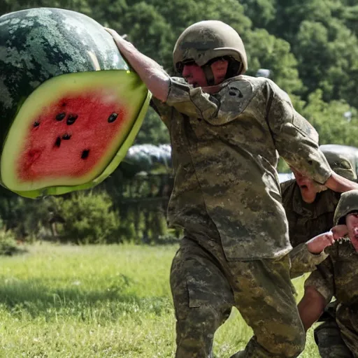 Prompt: The military was called in to try to stop the giant watermelon, but their weapons had no effect on it. The watermelon just kept coming, smashing everything in its path. , Film scene