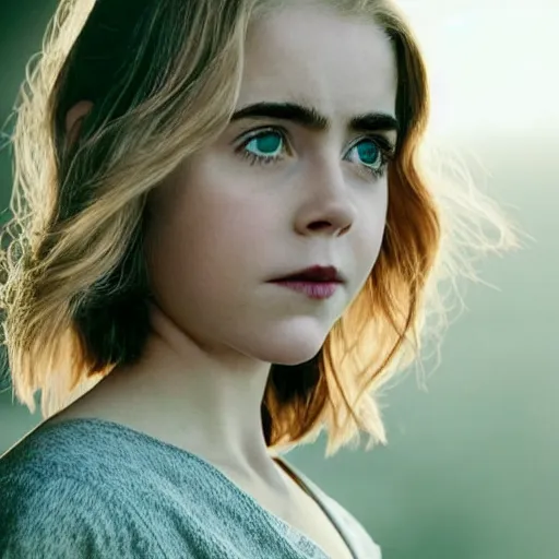 Image similar to close - up photo still of kiernan shipka as sabrina morningstar the witch looking off into the distance, medium - length plantinium blond hair, black dress, golden hour, backlightning, photorealistic, ultra detailed, natural light falling on her face. the focus is on her eyes and brows, fujifilm x - pro 2, by annie leibowitz