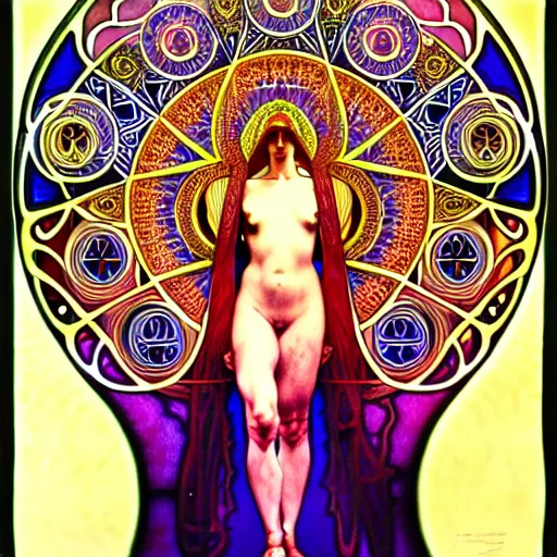 Image similar to psychedelic sacred geometry, intricate, sophisticated, ultra realistic, incredibly detailed, diagram, illustration, trending on artstation, art by alphonse mucha