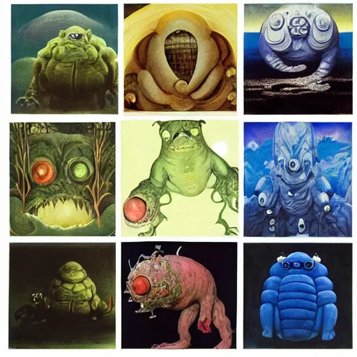 Image similar to a giant tardigrade kaiju retro japanese, monster slimy, oil painting, 7 0 s vintage art, by georgia o keeffe, by kay nielsen, by gustave dore, by frank frazetta, nausicaa, collage, by james gurney