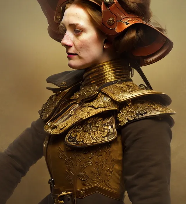 Prompt: portrait of a dutch woman wearing a traditional nineteenth century dutch republic military jacket, metal shoulder pauldrons, intricate, highly detailed, digital painting, artstation, concept art, sharp focus, cinematic lighting, illustration, art by artgerm and greg rutkowski, alphonse mucha, cgsociety