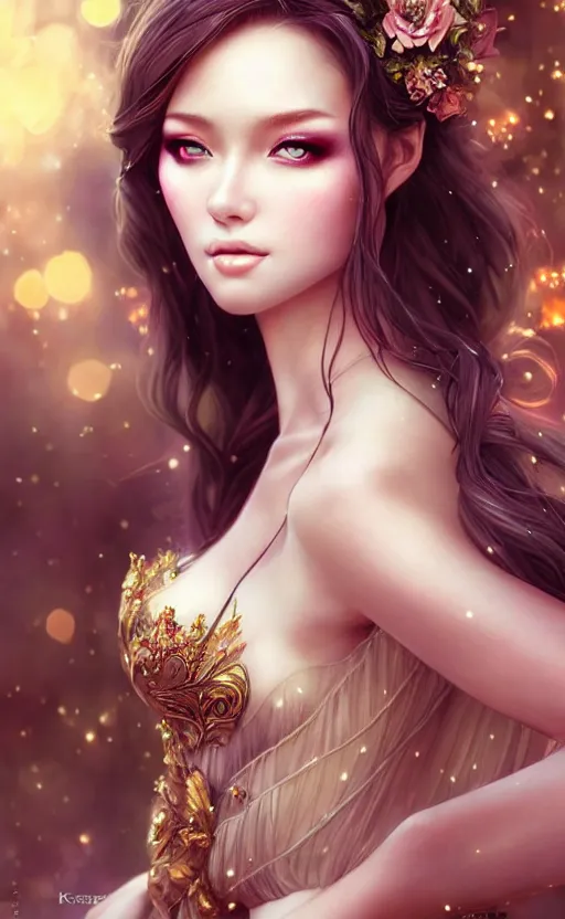 Image similar to a fantasy photo of gorgeous russian female, evening gown, bokeh, medium shot, beautiful face, professionally retouched, soft lighting, realistic, smooth face, perfect eyes, sharp focus, 8 k realistic high definition, insanely detailed, intricate, elegant, art by artgerm and kyoung hwan kim