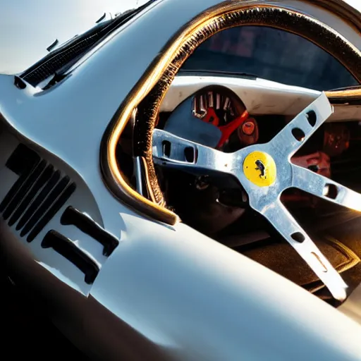 Prompt: close up of arnold schwarzenegger driving a ferrari f 4 0, photo of the year, golden hour, highly detailed