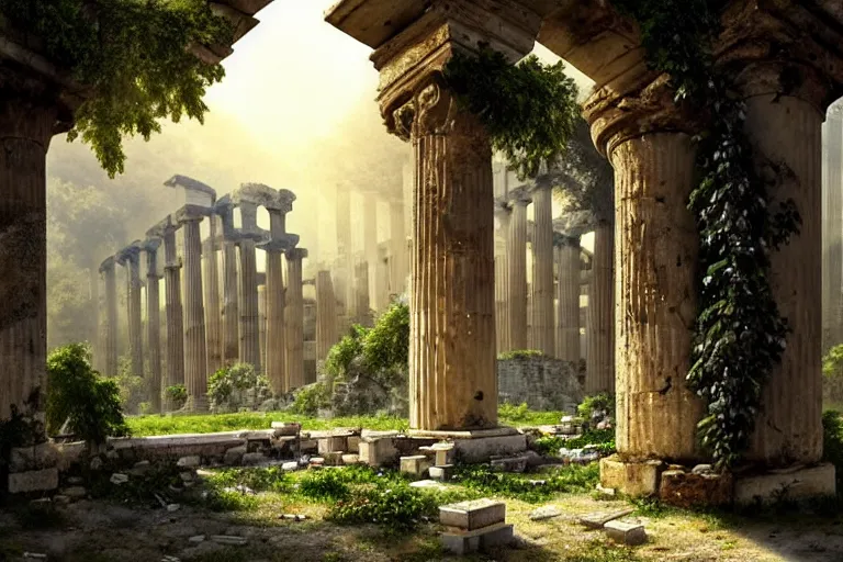 Prompt: tree growing in ancient greek ruins, gray wasteland, many scrap cars, trash, rubble, overgrown, pillars and arches, flowers, vines, hyperrealistic, highly detailed, cinematic, single ray of golden sunlight, beautiful, cgssociety, artstation, 8 k, oil painting by greg rutkowski, by artgerm, by wlop