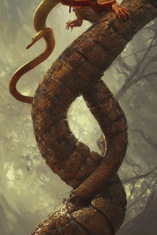 Image similar to snake on a tree, snake head close - up, snake eyes, oil painting, sunlit, paint texture, digital painting, highly detailed, artstation, sharp focus, illustration, concept art, ruan jia, charlie bowater, tom bagshaw, norman rockwell