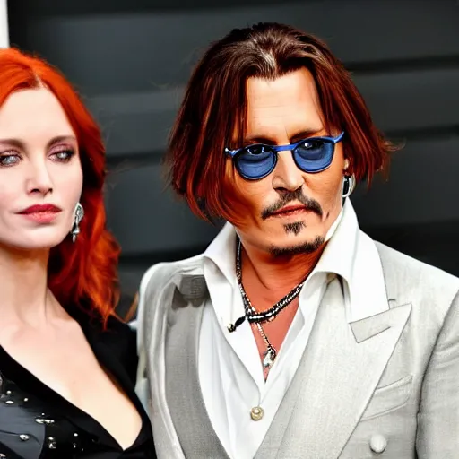 Prompt: johnny depp with his new girlfriend ginger hair woman detailed face detailed 8 k