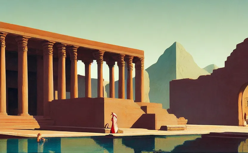 Image similar to A ancient persian temple with a big pool , very coherent, painted by Edward Hopper, Wayne Barlowe, painted by James Gilleard, airbrush, art by JamesJean