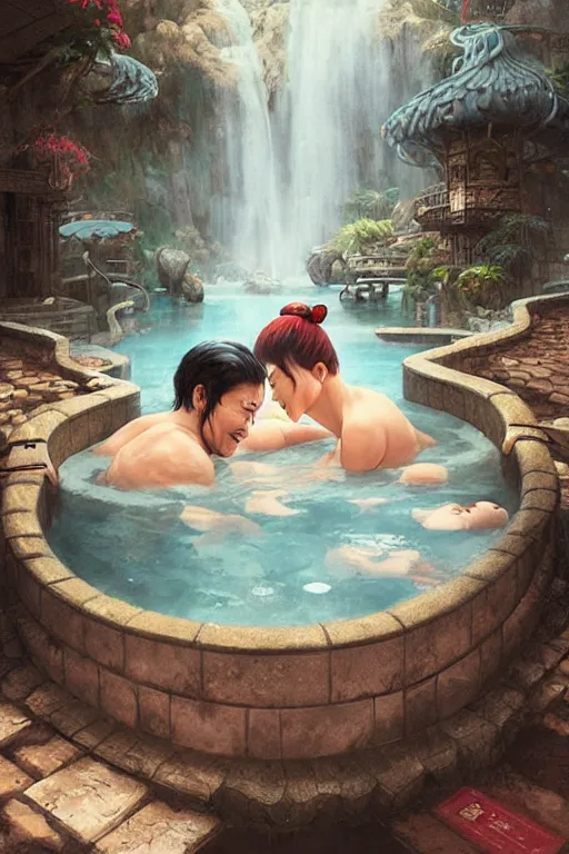 Prompt: a couple relaxing at an onsen hot spring, as drawn by artgerm, greg rutkowski, wide shot, digital artwork by karol bak and rhads, jason chan