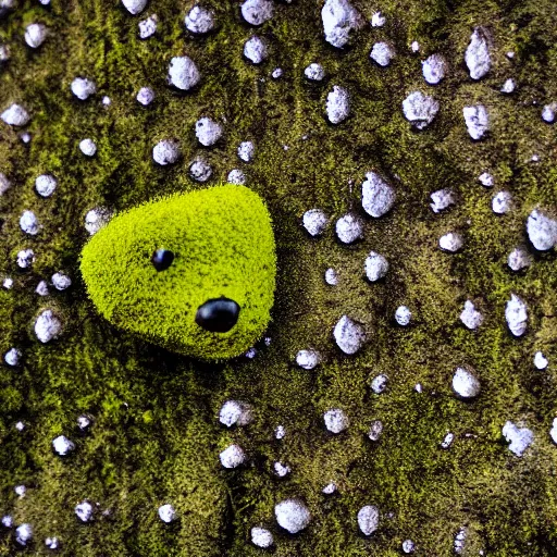 Image similar to rock wall covered with moss. dew droplets forming the shape of a dachshund. macro photography