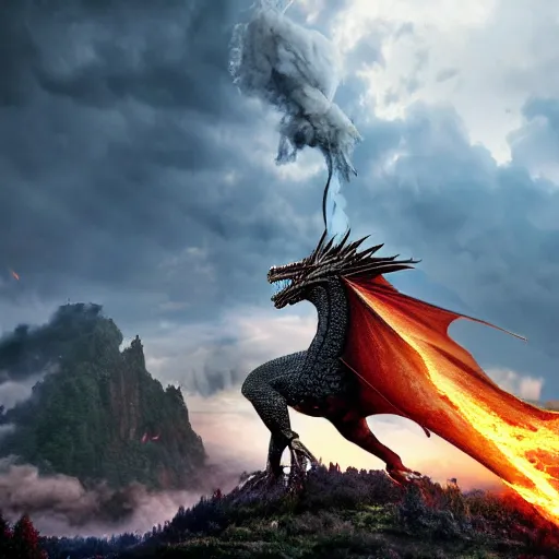 Image similar to a knight with sword leaping on a dragons back as the dragon breathes fire and inflames the ground beneath him, smoke everywhere with castle in distance, stormy, raining, 4 k, hd, realistic